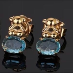 Tous Gold Tone Stud Earrings with Blue Oval Stones